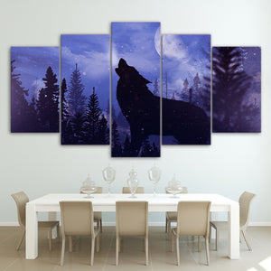 5-Piece Blue Howling Night Wolf Canvas Wall Art