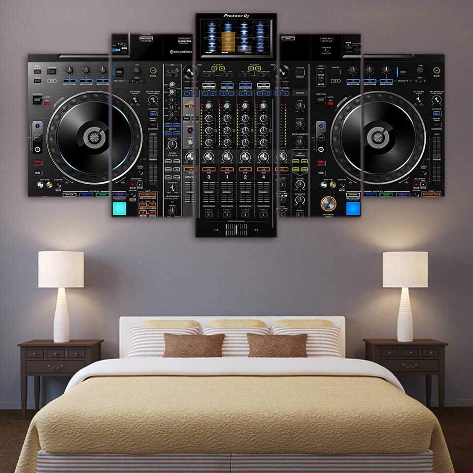 5-Piece Black DJ Turntable Mixer Canvas Wall Art