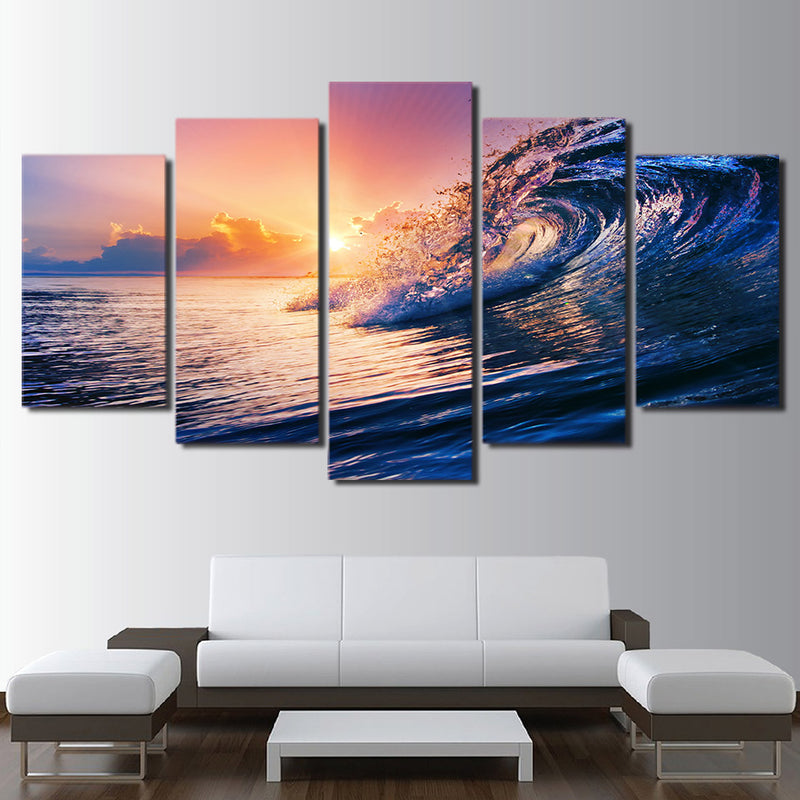 5-Piece Blue Ocean Wave Sunset Canvas Wall Art