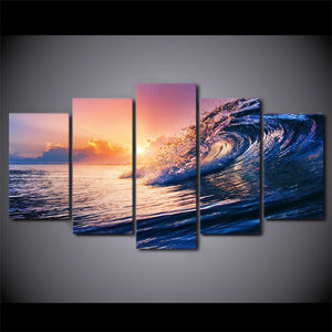 5-Piece Blue Ocean Wave Sunset Canvas Wall Art