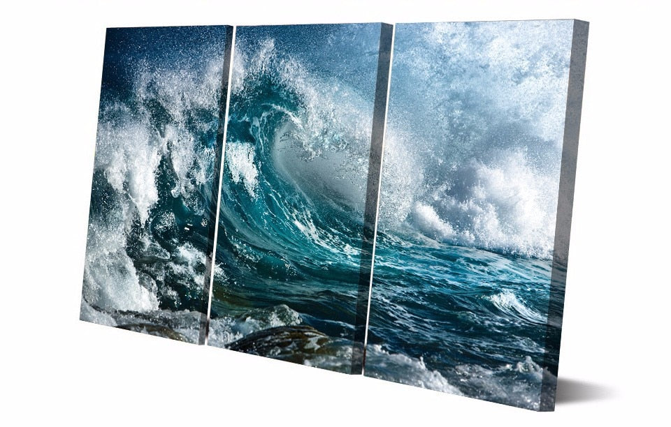 3-Piece Rough Blue Sea Waves Canvas Wall Art
