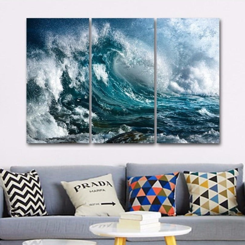 3-Piece Rough Blue Sea Waves Canvas Wall Art
