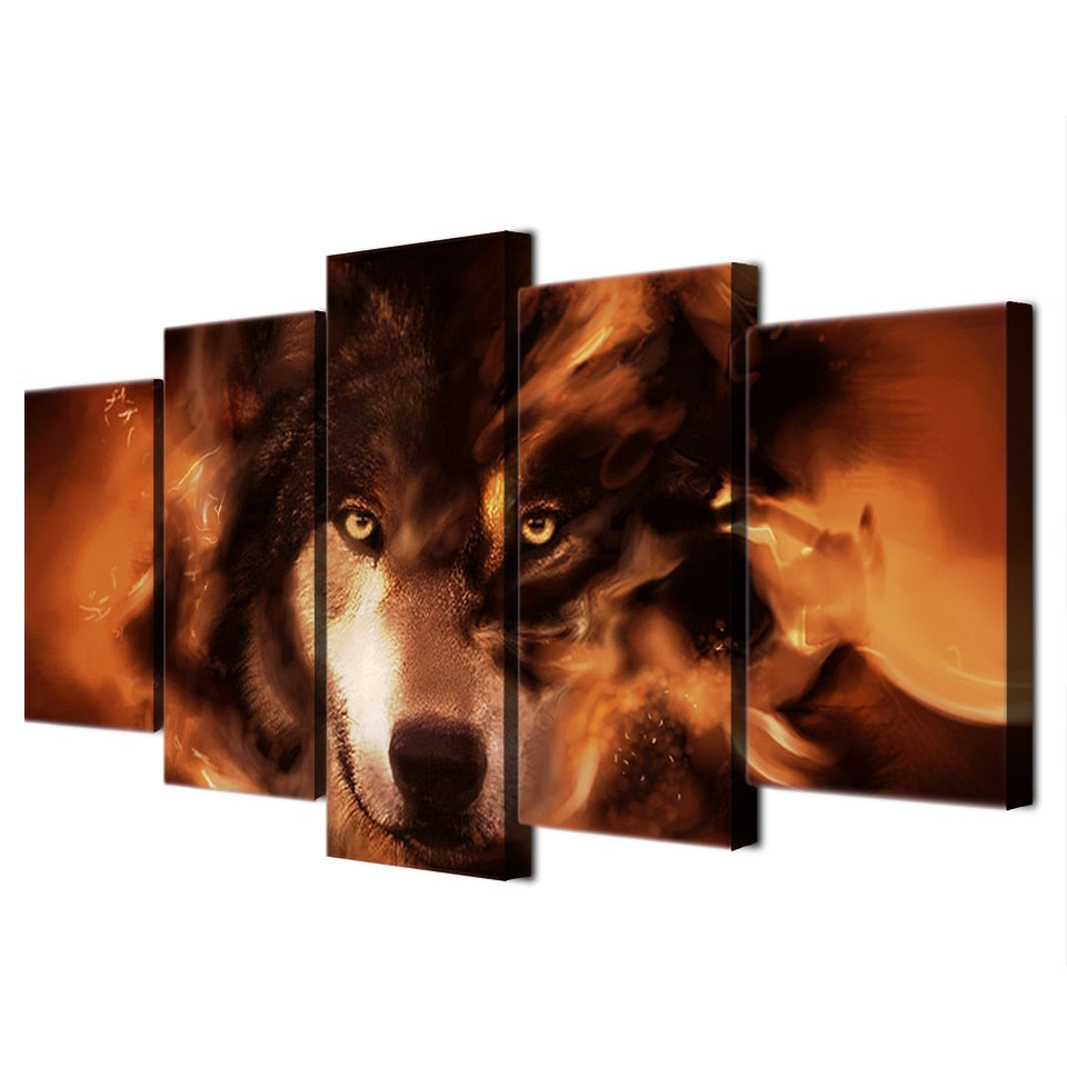 5-Piece Orange Mystical Burning Wolf Canvas Wall Art