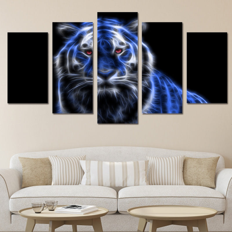 5-Piece Blue Glowing Neon Tiger Canvas Wall Art