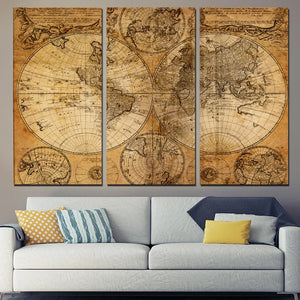 3-Piece Rustic Vintage World Map Canvas Wall Art