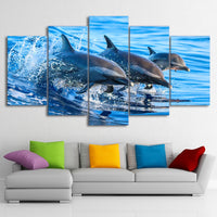 5-Piece Blue Ocean Jumping Dolphins Canvas Wall Art