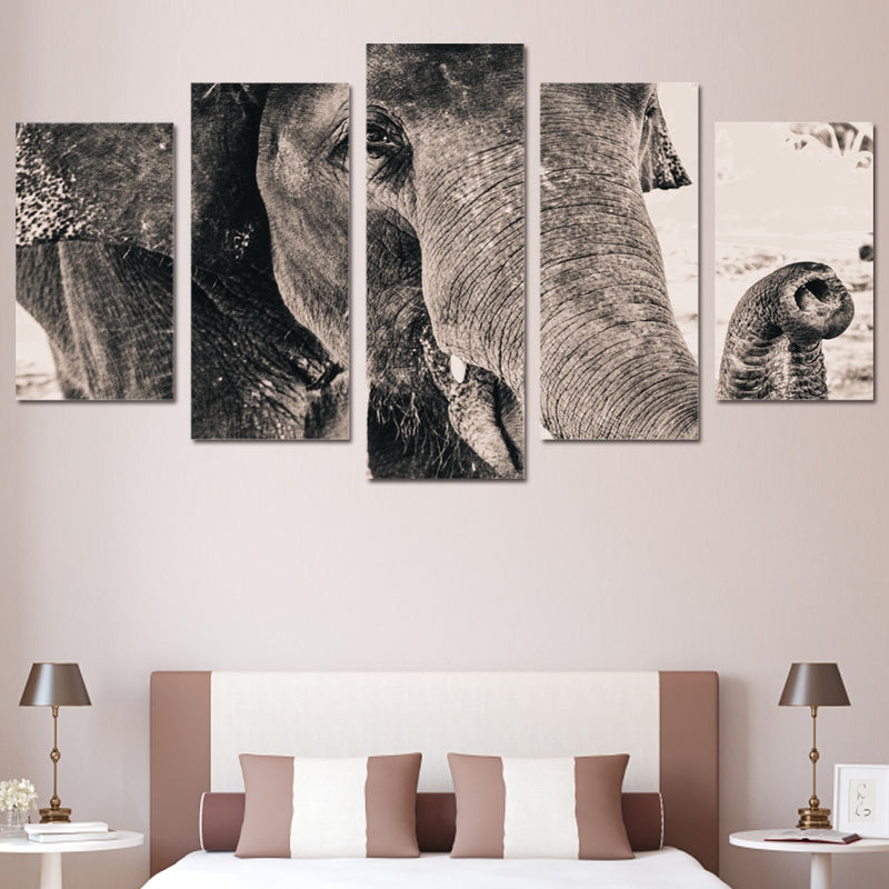 5-Piece Black & White Elephant Closeup Canvas Wall Art