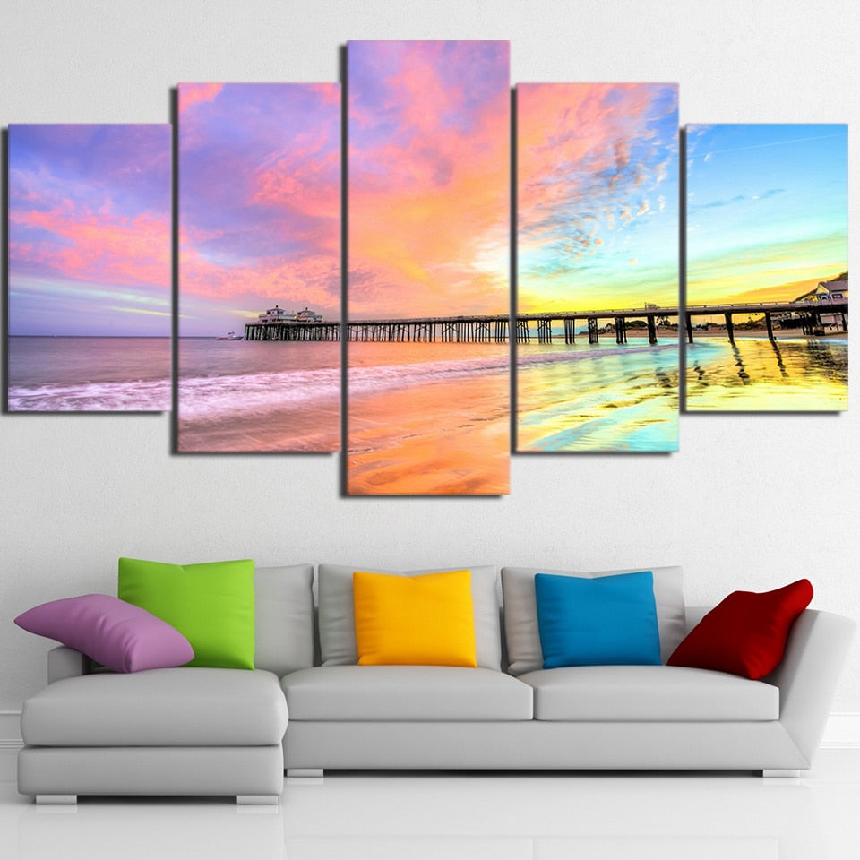 5-Piece Rainbow Sky Coastal Beach Pier Canvas Wall Art