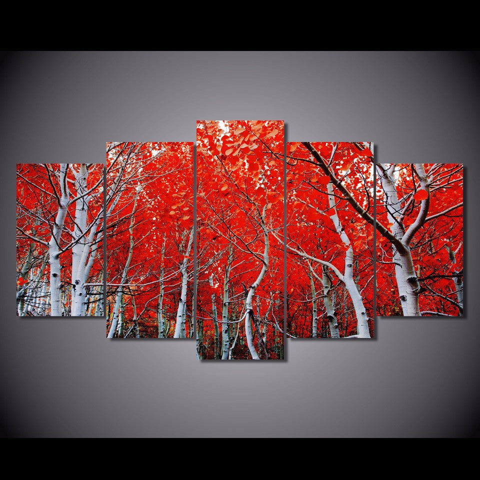 5-Piece Red Autumn Birch Tree Forest Canvas Wall Art
