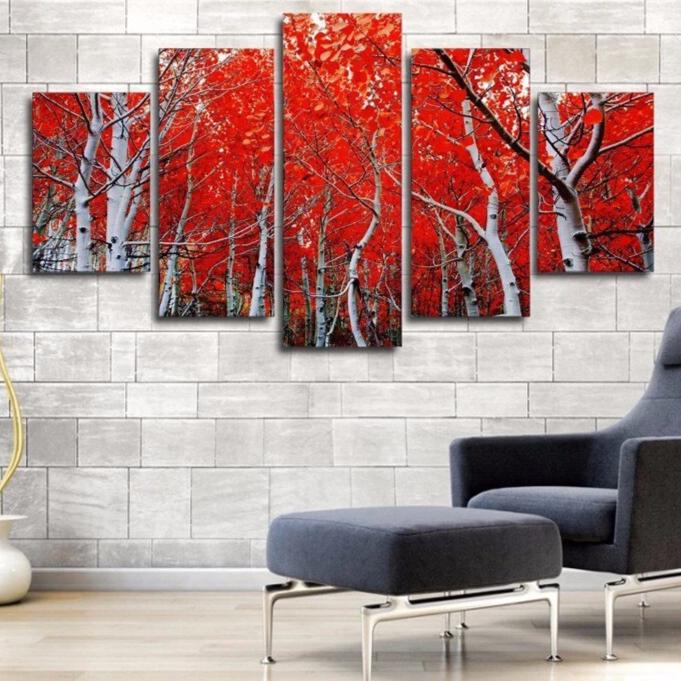 5-Piece Red Autumn Birch Tree Forest Canvas Wall Art