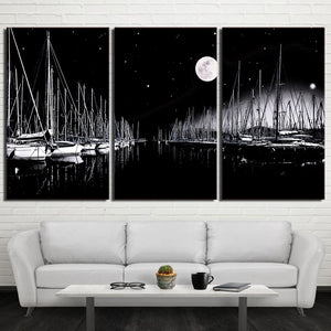 3-Piece Black Moon Lit Sailboat Dock Canvas Wall Art