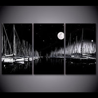 3-Piece Black Moon Lit Sailboat Dock Canvas Wall Art