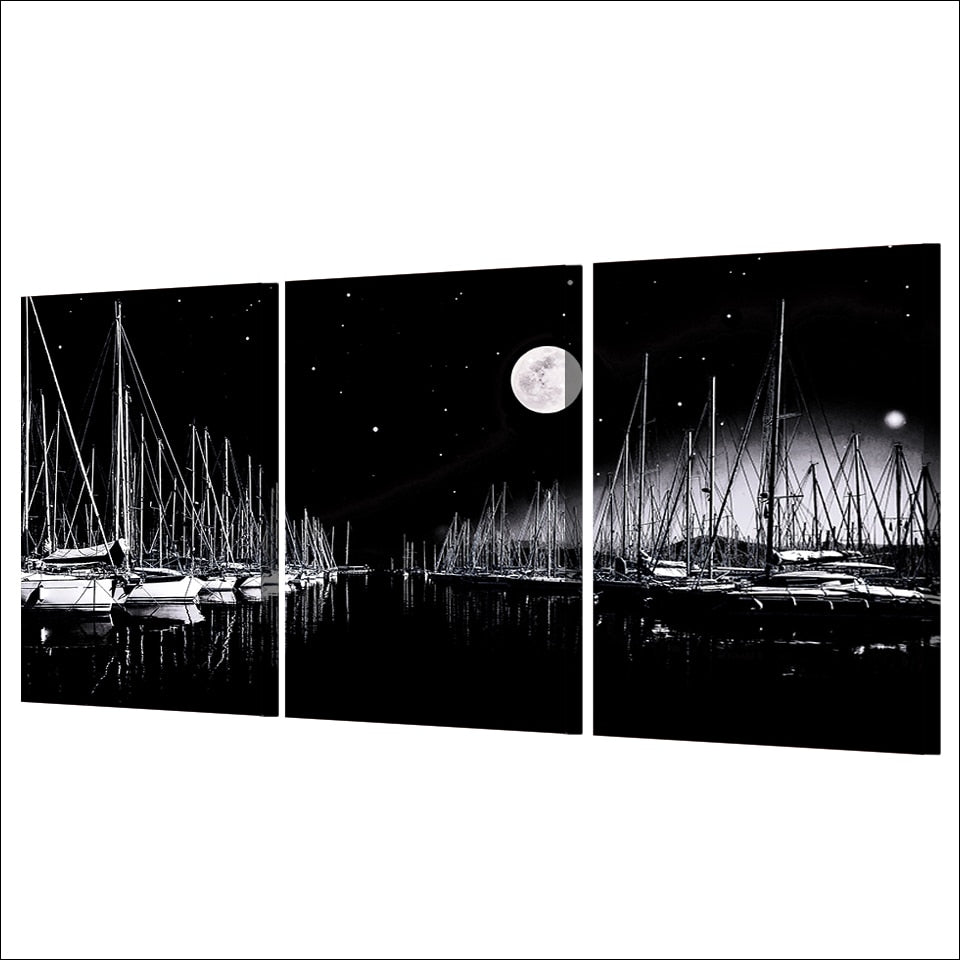 3-Piece Black Moon Lit Sailboat Dock Canvas Wall Art