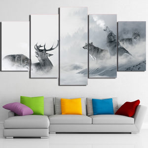 5-Piece Black & White Howling Wolf / Elk Canvas Wall Art