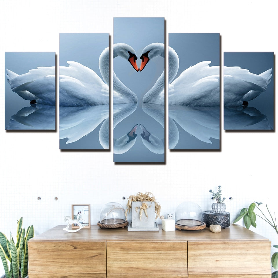 5-Piece White Swan Love Reflection Canvas Wall Art