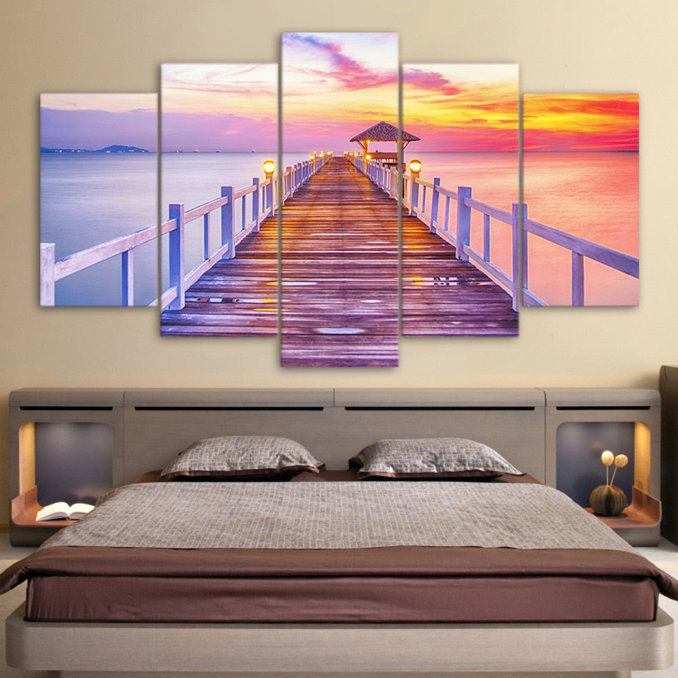 5-Piece Colorful Coastal Pier Sunset Canvas Wall Art