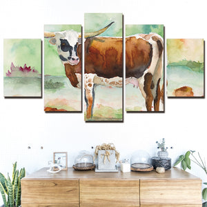 5-Piece Watercolor Steer / Cow Canvas Wall Art