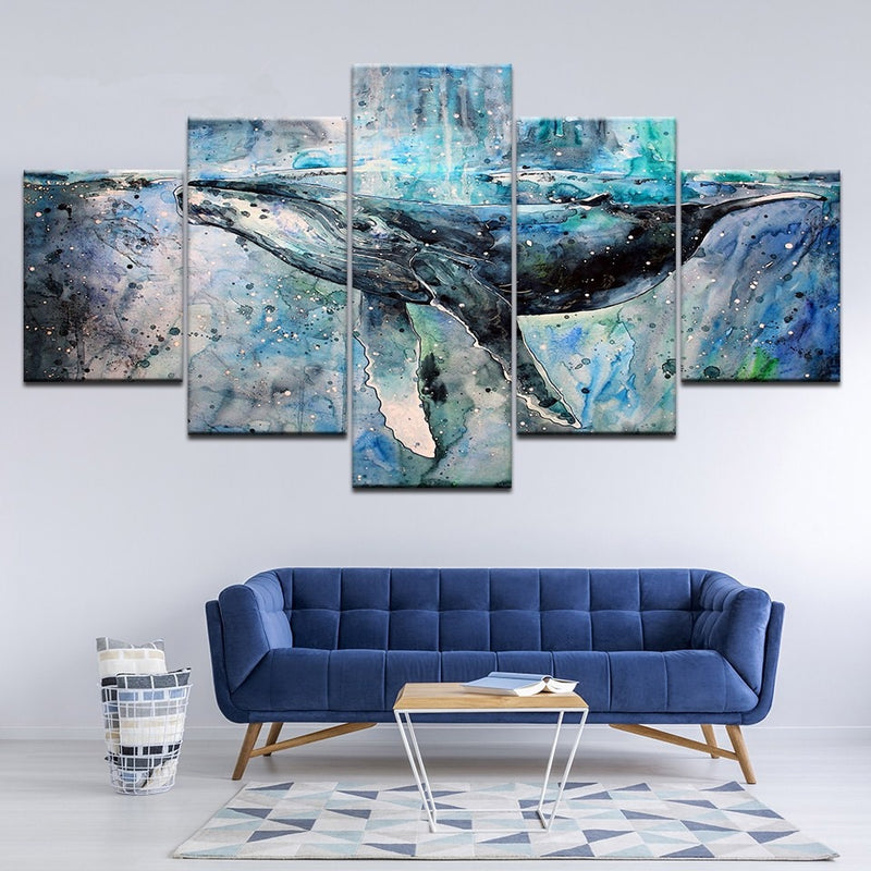 5-Piece Blue Abstract Ocean Whale Canvas Wall Art