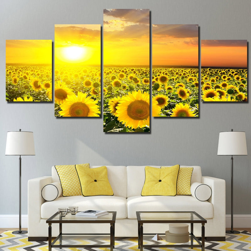 5-Piece Yellow Sunflowers At Sunrise Canvas Wall Art – Decorzee
