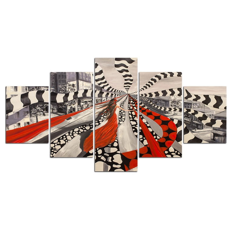 5-Piece Black & White Girl In Red Abstract Canvas Wall Art