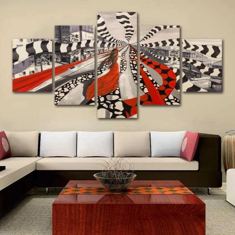 5-Piece Black & White Girl In Red Abstract Canvas Wall Art