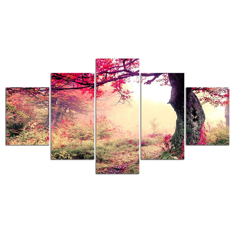 5-Piece Misty Red Tree Forest Path Canvas Wall Art