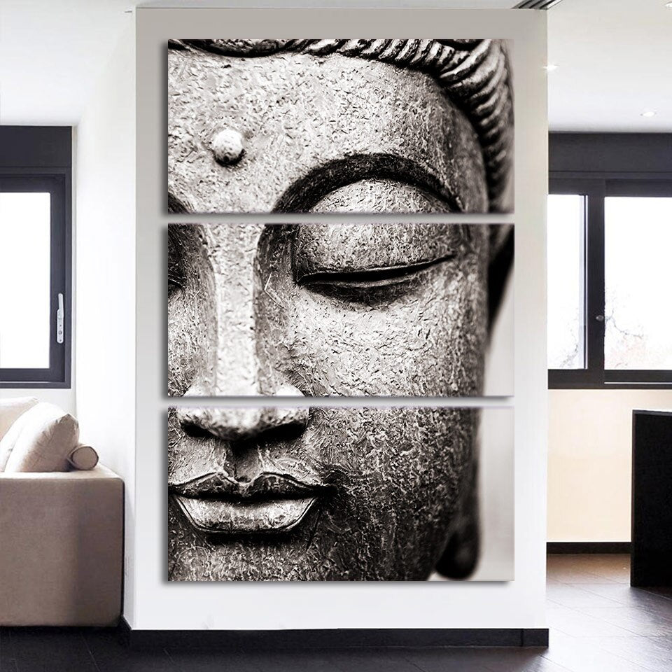 3-Piece Black & White Metal Buddha Face Canvas Wall Art