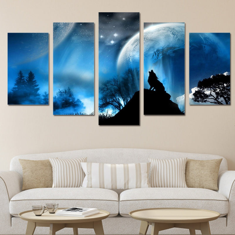 5-Piece Mystical Blue Howling Wolf Sky Canvas Wall Art
