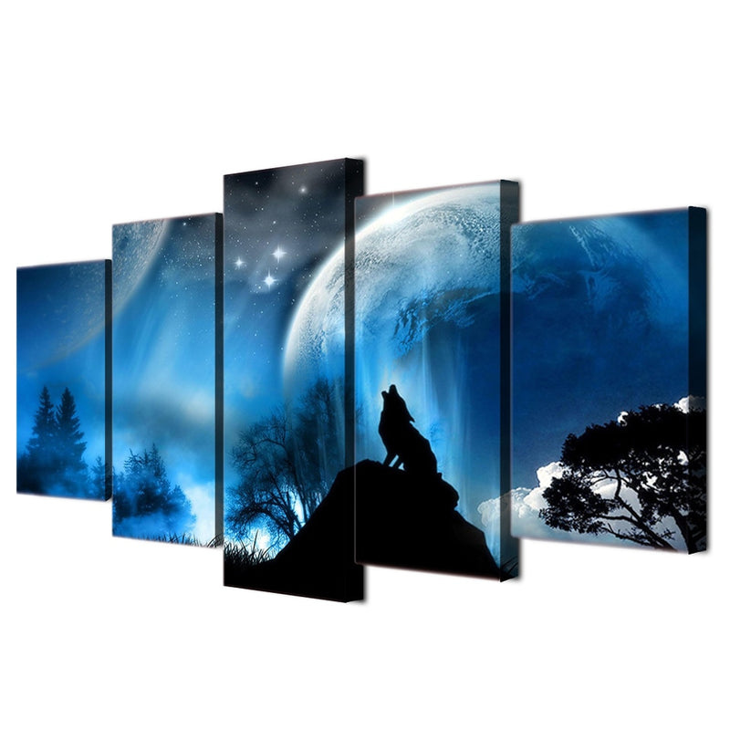 5-Piece Mystical Blue Howling Wolf Sky Canvas Wall Art