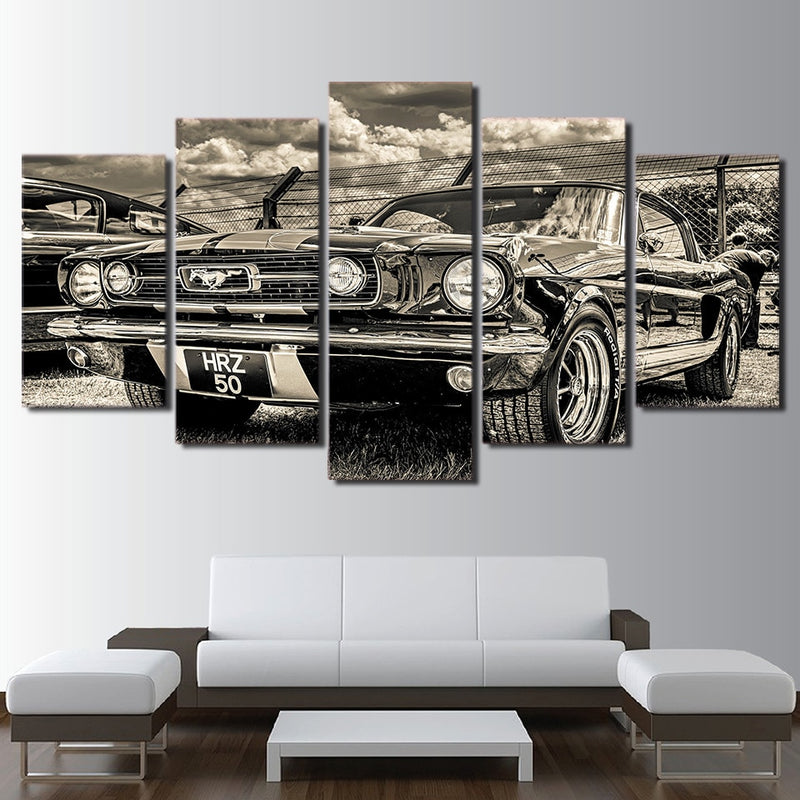 5-Piece Black & White Vintage Mustang Muscle Car Wall Art