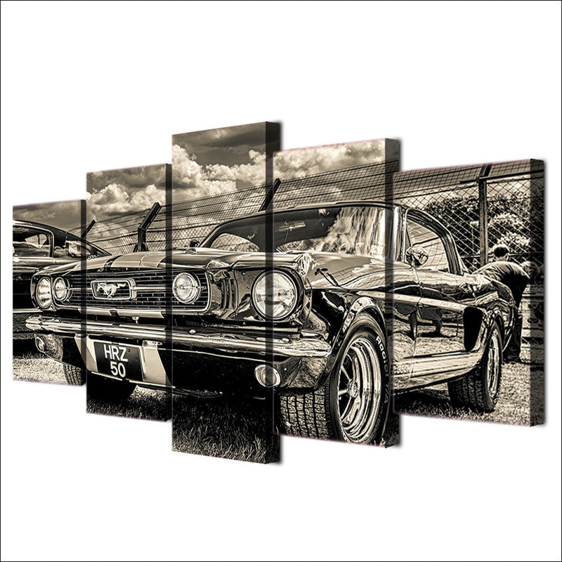 5-Piece Black & White Vintage Mustang Muscle Car Wall Art