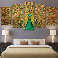 5-Piece Green / Gold Peacock Feathers Canvas Wall Art