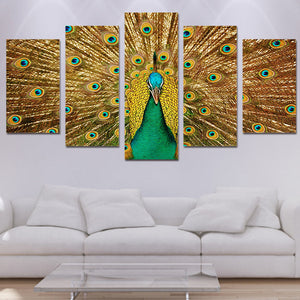 5-Piece Green / Gold Peacock Feathers Canvas Wall Art