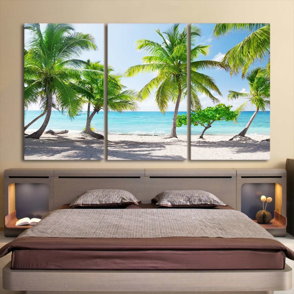 3-Piece Tropical Green Palm Tree Beach Canvas Wall Art