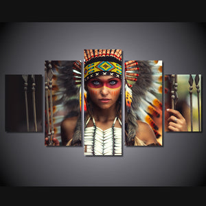 5-Piece Native Indian Tribal Warrior Girl Canvas Wall Art
