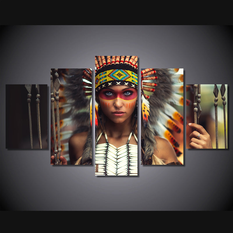 5-Piece Native Indian Tribal Warrior Girl Canvas Wall Art