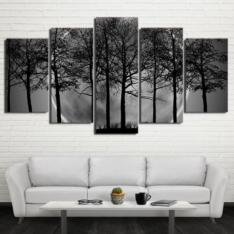 5-Piece Black & White Lunar Tree Landscape Canvas Wall Art