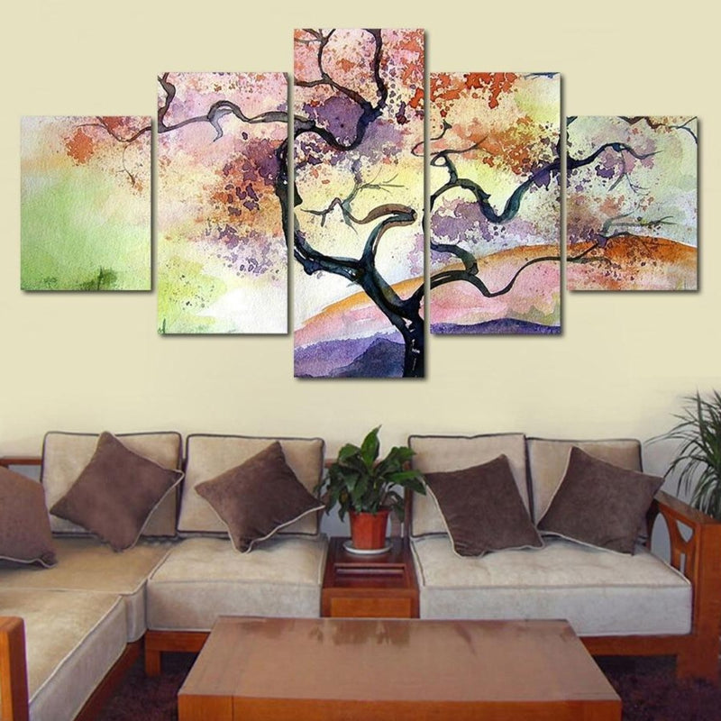 5-Piece Colorful Watercolor Tree Sunset Canvas Wall Art