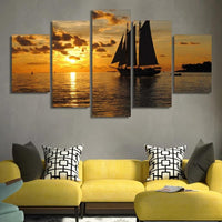 5-Piece Orange Cloudy Sailboat Sunset Canvas Wall Art