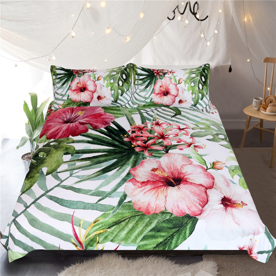 3-Piece Pink Floral Palm Leaf Print Duvet Cover Set