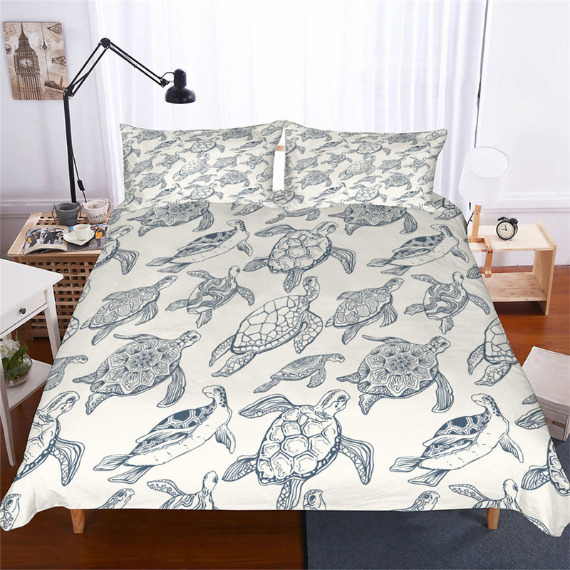 White 3-Piece Sea Turtle Pattern Duvet Cover Bedding Set