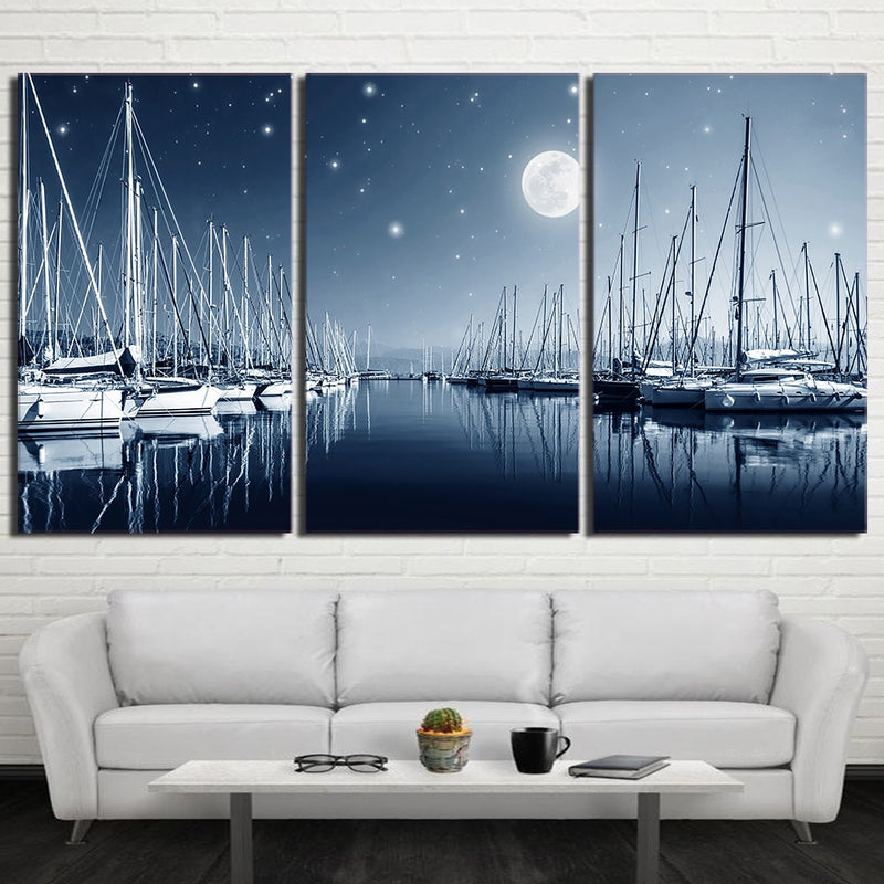 3-Piece Blue Night Lit Sailboat Dock Canvas Wall Art