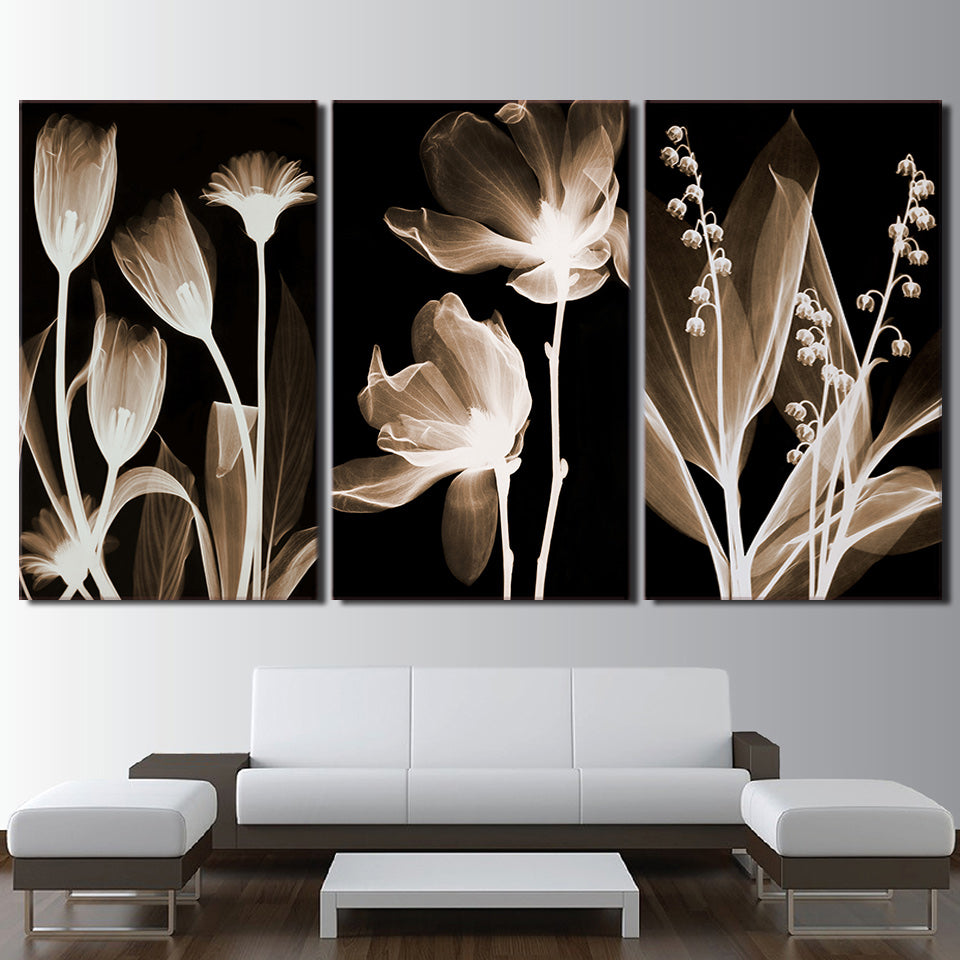 3-Piece Black & White Flowers In The Dark Canvas Wall Art