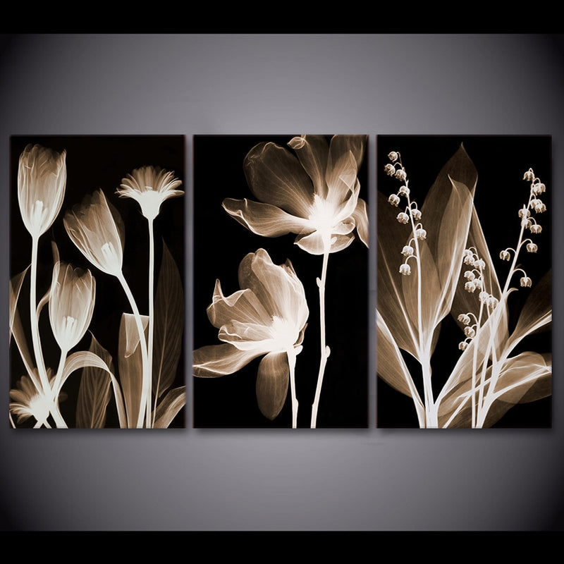 3-Piece Black & White Flowers In The Dark Canvas Wall Art