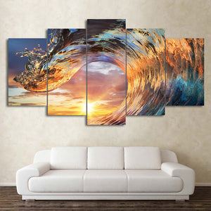 5-Piece Tropical Ocean Wave Sunset Canvas Wall Art