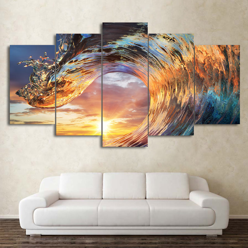 5-Piece Tropical Ocean Wave Sunset Canvas Wall Art