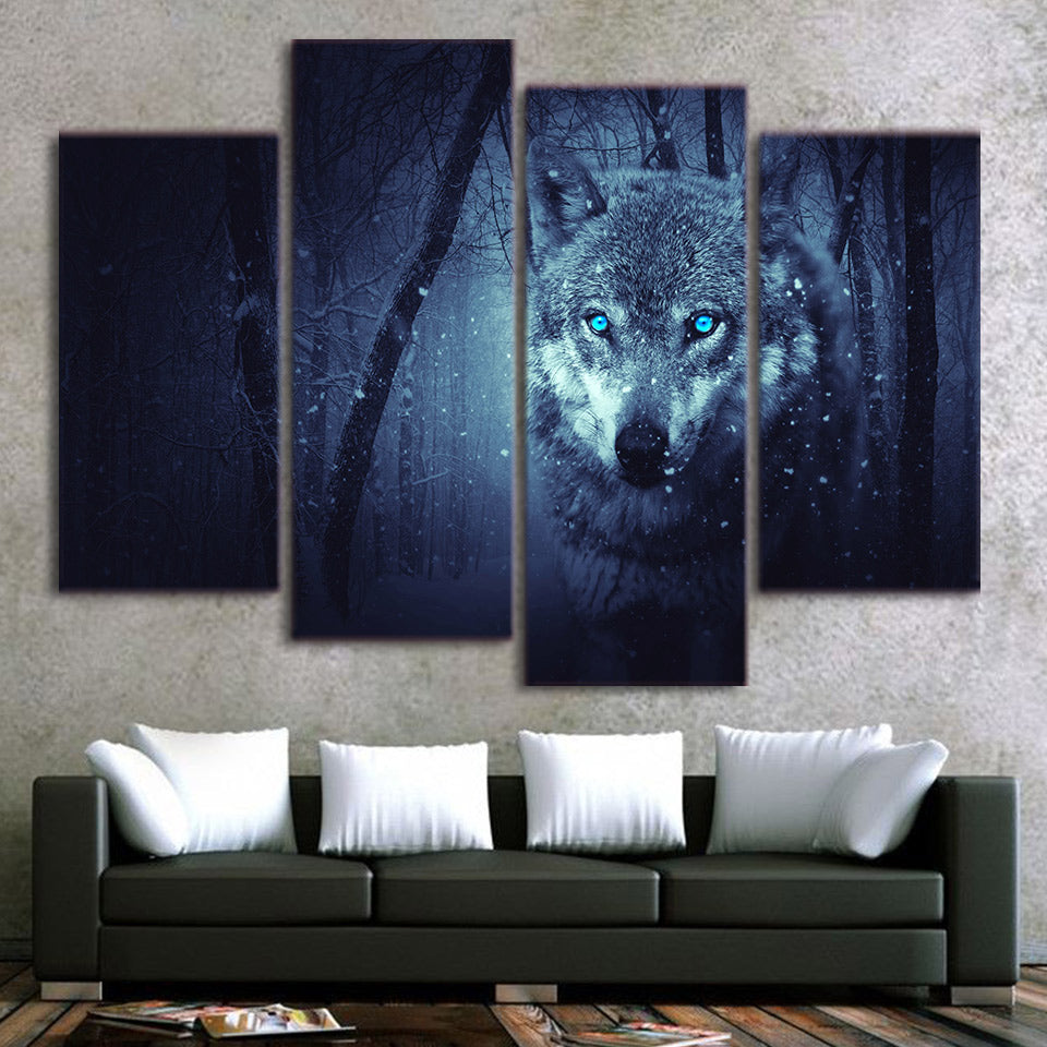 4-Piece Blue-Eyed Snow Wolf Hunt Canvas Wall Art