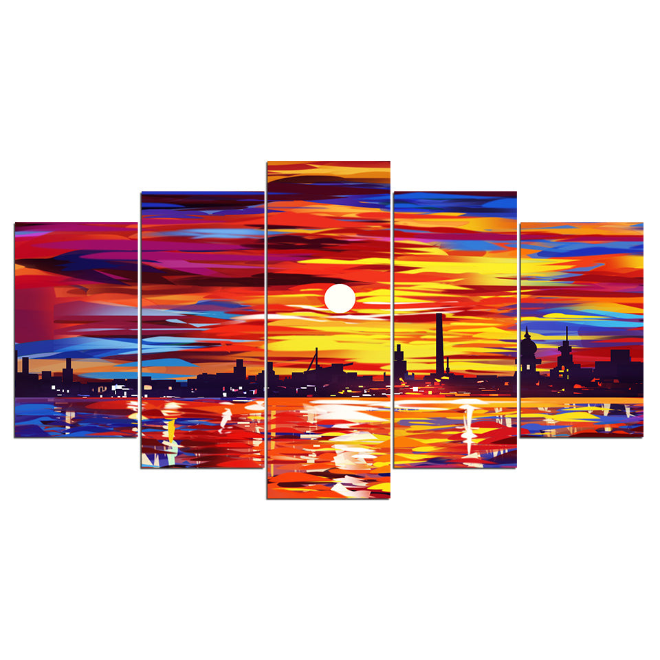 5-Piece Abstract Coastal City Sunset Canvas Wall Art