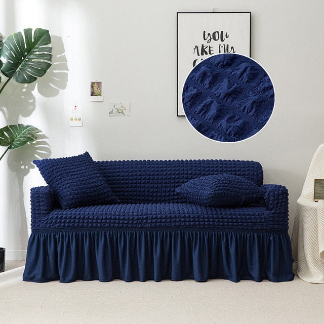 Solid-Color Textured Elastic Sofa Cover w/ Skirt