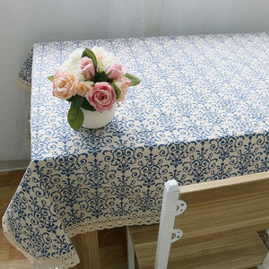 Vintage Blue Floral Pattern Cotton Linen Tablecloth w/ Lace
